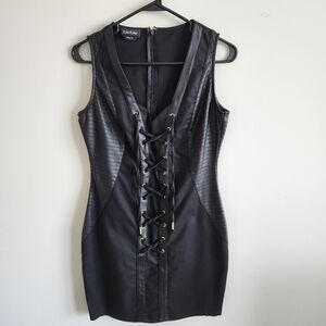 Bebe Bodycon Black Dress with Lace-Up Front & Vegan Leather Side Panels, Size M